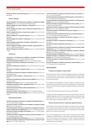 FICHA PAÍS GUINEA ECUATORIAL
4
Ministra de Cultura y Promoción Artesanal, Excma. Sra. Dª Guillermina Mekuy
Mba Obono.
Ministros Delegados
Ministro Delegado a la Presidencia de la República, Encargado de la Seguri-
dad Exterior, Excmo. Sr. D. Juan Antonio Bibang Nchuchuma.
Ministro Delegado de Asuntos Exteriores y Cooperación, Excmo. Sr. D. Salo-
món Nfa Ndong.
Ministro Delegado de Justicia, Culto e Instituciones Penitenciarias, Excmo.
Sr. D. Juan Olo Mba.
Ministro Delegado del Interior y Corporaciones Locales, Excmo. Sr. D. Marce-
lino Asumu Nsue Okomo.
Ministro Delegado de la Seguridad Nacional, Excmo. Sr. D. Heriberto Meco
Mbengono.
Ministra Delegada de Hacienda y Presupuestos, Excma. Sra. Doña Monserrat
Afang Ondo.
Ministro Delegado de Agricultura, Ganadería y Alimentación, Excmo. Sr. D.
Miguel Mba Nchama Mikue.
Ministro Delegado de Trabajo, Fomento de Empleo y Seguridad Social, Exc-
mo. Sr. D. Alfredo Mitogo Mitogo Ada.
Ministro Delegado de Transportes y Correos, Excmo. Sr. D. Joaquín Elema Bo-
rengue.
Viceministros
Viceministro a la Presidencia de la República, Encargado de Ceremonias y
Traducciones, Excmo. Sr. D. Armando Dougan Champion.
Viceministro de Defensa Nacional, Excmo. Sr. D. Juvenal Mbomio Nsue.
Viceministro de Economía, Planificación e Inversiones, Excmo. Sr. D. Valentín
Ela Maye.
Viceministra de Educación y Ciencias, Excma. Sra. Dª María Jesús Ncara Owono
Mze.
Viceministro de Sanidad y Bienestar Social, Excmo. Sr. D. Práxedes Rabat
Makambo.
Viceministro de Promoción de Pequeñas y Medianas Empresas, Excmo. Sr. D.
Domingo Mba Esono.
Viceministro de Obras Públicas e Infraestructuras, Excmo. Sr. D. Fidel Nsue
Micha.
Viceministro Encargado de las Infraestructuras de Djibloho, Excmo. Sr. D. En-
rique Ovono Ondo.
Viceministro de Turismo, Excmo. Sr. D. Prudencio Botey Sobole.
Viceministra de Asuntos Sociales e Igualdad de Género, Excma. Sra. Dª. Espe-
ranza Gertrudis Davies Eiso.
Viceministro de Función Pública y Reforma Administrativa, Excmo. Sr. D. San-
tiago Nsuebeya Barreiros.
Viceministro de Minas e Hidrocarburos, Excmo. Sr. D. Agapito Edu Ndong.
Viceministra de Pesca y Recursos Hídricos, Excma. Sra. Doña Adoración Salas
Chonko.
SECRETARIOS DE ESTADO
Secretario de Estado a la Presidencia, Encargado de Seguridad Exterior, Exc-
mo. Sr. D. Carmelo Obono Obiang.
Secretario de Estado a la Presidencia de la República, Encargado de Audito-
rías, Excmo. Sr. D. Juan Ava Elo.
Secretario de Estado a la Presidencia del Gobierno, Encargado de Carreteras,
Peajes e Infraestructuras Aeroportuarias, Excmo. Sr. D. Pedro Ndong Obono
Secretaria de Estado, Encargada de Extranjería, Excmo. Sra. Doña Aquilina
Mangue Evuna Andeme.
Secretario de Estado, Encargada de la Tesorería General del Estado, Excma.
Sra. Doña Milagrosa Obono Angue.
Secretario de Estado del Control Financiero, Excmo. Sr. D. Eusebio Ipico Penda.
Secretario de Estado, Encargado de Telecomunicaciones y Nuevas Tecnolo-
gías, Excmo. Sr. D. Rufino Obono Ondo.
Secretario de Estado, Encargado de Enseñanza Primaria y Secundaria, Exc-
mo. Sr. D. Pascual Ondo Masa.
Secretario de Estado, Encargado de Enseñanza Superior y Universitaria, Exc-
mo. Sr. D. Bartolomé Ondo Ndong Nsing.
Secretario de Estado, Encargado de Asistencia Sanitaria y Coordinación Hos-
pitalaria, Excmo. Sr. D. Daniel Ángel Sima Mico.
Secretario de Estado, Encargado de Información, Prensa y Radio, Excmo. Sr.
D. Miguel Antonio Obiang Avoro.
Secretario de Estado, Encargado de Programa Guinea Ecuatorial Horizonte
2020, Excmo. Sr. D. César Augusto Mba Abogo.
Secretario de Estado en el Ministerio de Juventud y Deportes, Excmo. Sr. D.
Cándido Nsue Okomo.
Secretario de Estado en el Ministerio de Cultura y Promoción Artesanal, Exc-
mo. Sr. D. José Antonio Esono Abeso Máquina.
Secretario de Estado en el Ministerio de Industria y Energía, Excmo. Sr. D.
José María Ondo Oyono.
Secretario de Estado en el Ministerio de Urbanismo, Excmo. Sr. D. Diosdado
Nsue Meya.
Secretario de Estado en el Ministerio de Comercio, Excmo. Sr. D. Hipólito Ondo
Mbo Vela.
Secretario de Estado en el Ministerio de Trabajo, Fomento de Empleo y Segu-
ridad Social, Excmo. Sr. D. Honorato Asama Ntugu.
Secretario de Estado en el Ministerio de Agricultura, Ganadería y Alimenta-
ción, Excmo Sr. D. Nicolás Onyigi Akapo.
SecretariodeEstadoenelMinisteriodeTurismo,ExcmoSr.D.JoséMbaMbengono.
Secretaria de Estado en el Ministerio de Promoción de Pequeñas y Medianas
Empresas, Excma. Sra. Doña Felisa Rodríguez Sikale.
Secretario de Estado en el Ministerio de Aviación Civil, Excmo. Sr. D. Luciano
Esono Biteghe.
Secretario de Estado en el Ministerio de Bosques y Medio Ambiente, Excmo.
Sr. D. Santiago Francisco Engonga Esono
Datos biográficos
Presidente de la República, Teodoro Obiang
Nació el 5 de junio de 1942 en el distrito de Mongomo. Estudió en los Salesianos
y Claretianos de Bata. Cursó dos años en la Academia Militar de Zaragoza (1963-
65), donde alcanzó el grado de alférez. Su primer destino fue la Guardia Territo-
rial de Guinea Ecuatorial.
.
El 3 de agosto de 1979 protagonizó el llamado “Golpe de la Libertad”, que con-
dujo al derrocamiento de Macías y la asunción del poder por un Consejo Militar
Supremo. Pocos días después del golpe fue elegido Presidente del Consejo Mili-
tar Supremo.
En 1987 fundó el Partido Democrático de Guinea Ecuatorial (PDGE).
El 25 de junio de 1989 se presentó por primera vez a unas elecciones, como único
candidato designado por el PDGE, y fue reelegido Presidente de la República con
99,96% de votos. Ha vuelto a ser reelegido Presidente de la República en 1996,
2002 y 2009, siempre con mayorías superiores al 95%.
Ministro de Asuntos Exteriores y Cooperación, Agapito Mba Mokuy
Nació en Bata el 10 de marzo de 1965. Realizó sus estudios primarios y secunda-
rios en Guinea Ecuatorial. Realizó sus estudios universitarios en Estados Unidos,
licenciándose en 1991 en Ciencias Económicas con especialización en Economía
Agraria en la Louisiana State University.
Tras una breve experiencia en el sector privado en Guinea Ecuatorial, empieza
a trabajar en la UNESCO (París) en 1993, donde ocupa diferentes cargos hasta
2010. Ese año regresa Guinea Ecuatorial para ocupar el puesto de Consejero-
Consultor de la Presidencia de la República. En 2012 es nombrado Ministro de
Asuntos Exteriores y Cooperación.
 