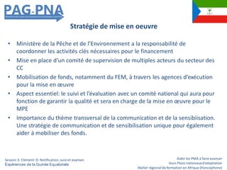Aider les PMA à faire avancer
leurs Plans nationauxd’adaptation
Atelier régionalde formation en Afrique (francophone)
• Ministère de la Pêche et de l’Environnement a la responsabilité de
coordonner les activités clés nécessaires pour le financement
• Mise en place d’un comité de supervision de multiples acteurs du secteur des
CC
• Mobilisation de fonds, notamment du FEM, à travers les agences d’exécution
pour la mise en œuvre
• Aspect essentiel: le suivi et l’évaluation avec un comité national qui aura pour
fonction de garantir la qualité et sera en charge de la mise en œuvre pour le
MPE
• Importance du thème transversal de la communication et de la sensibiisation.
Une stratégie de communication et de sensibilisation unique pour également
aider à mobiliser des fonds.
Stratégie de mise en oeuvre
Session 3: Elément D: Notification,suiviet examen
Expériences de la Guinée Equatoriale
 