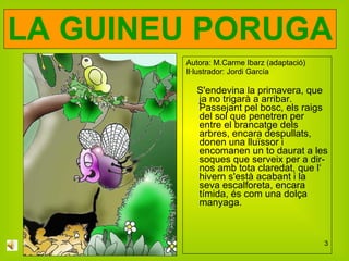 Autora: M. Carme Ibarz (adaptació) Il·lustrador: Jordi García S'endevina la primavera, que ja no trigarà a arribar. Passejant pel bosc, els raigs del sol que penetren per entre el brancatge dels arbres, encara despullats, donen una lluïssor i encomanen un to daurat a les soques que serveix per a dir-nos amb tota claredat, que l‘ hivern s'està acabant i la seva escalforeta, encara tímida, és com una dolça manyaga. LA GUINEU PORUGA 