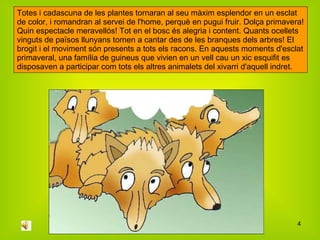 Totes i cadascuna de les plantes tornaran al seu màxim esplendor en un esclat de color, i romandran al servei de l'home, perquè en pugui fruir. Dolça primavera! Quin espectacle meravellós! Tot en el bosc és alegria i content. Quants ocellets vinguts de països llunyans tornen a cantar des de les branques dels arbres! El brogit i el moviment són presents a tots els racons. En aquests moments d'esclat primaveral, una família de guineus que vivien en un vell cau un xic esquifit es disposaven a participar com tots els altres animalets del xivarri d'aquell indret.  