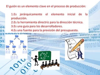 El guión es un elemento clave en el proceso de producción:Es jerárquicamente el elemento inicial de la producción.Es la herramienta directriz para la dirección técnica.Es una guía para los desarrolladores.Es una fuente para la previsión del presupuesto.