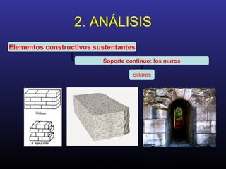 Análisis de la Arquitectura. M.A. Torremocha12
2. ANÁLISIS
Elementos constructivos sustentantes
Soporte continuo: los muros
Sillares
 