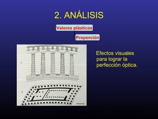 Análisis de la Arquitectura. M.A. Torremocha26
2. ANÁLISIS
Valores plásticos
Proporción
Efectos visuales
para lograr la
perfección óptica.
 