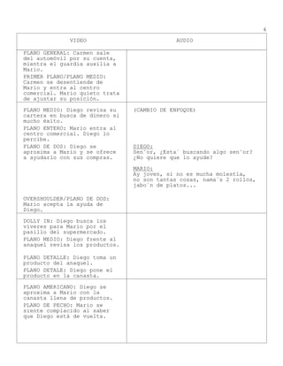 VIDEO AUDIO
4
PLANO GENERAL: Carmen sale
del automóvil por su cuenta,
mientra el guardia auxilia a
Mario.
PRIMER PLANO/PLANO MEDIO:
Carmen se desentiende de
Mario y entra al centro
comercial. Mario quieto trata
de ajustar su posición.
PLANO MEDIO: Diego revisa su
cartera en busca de dinero si
mucho éxito.
(CAMBIO DE ENFOQUE)
PLANO ENTERO: Mario entra al
centro comercial. Diego lo
percibe.
PLANO DE DOS: Diego se
aproxima a Mario y se ofrece
a ayudarlo con sus compras.
DIEGO:
Sen˜or, ¿Esta´ buscando algo sen˜or?
¿No quiere que lo ayude?
MARIO:
Ay joven, si no es mucha molestia,
no son tantas cosas, nama´s 2 rollos,
jabo´n de platos...
OVERSHOULDER/PLANO DE DOS:
Mario acepta la ayuda de
Diego.
DOLLY IN: Diego busca los
víveres para Mario por el
pasillo del supermercado.
PLANO MEDIO: Diego frente al
anaquel revisa los productos.
PLANO DETALLE: Diego toma un
producto del anaquel.
PLANO DETALE: Diego pone el
producto en la canasta.
PLANO AMERICANO: Diego se
aproxima a Mario con la
canasta llena de productos.
PLANO DE PECHO: Mario se
siente complacido al saber
que Diego está de vuelta.
 