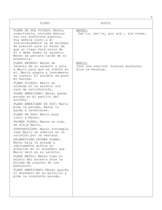VIDEO AUDIO
6
PLANO DE DOS PICADO: Mateo,
somnoliento, escucha música
con sus audífonos puestos.
Una señora junto a él
indiscretamente le da miradas
de presión ante el hecho de
que un ciego está cerca de
él y debe ceder el asiento.
Mateo se percata tarde de su
presencia.
MATEO:
Sen˜or, sen˜or, por aca´, sie´ntese.
PLANO ENTERO: Mateo se
levanta de su asiento y guía
a Mario para que se siente en
el. Mario acepta y lentamente
se sienta. El autobús se pone
en marcha.
MARIO:
(con una sonrisa) Gracias muchacho,
Dios te bendiga.
PLANO PICADO: Mario se
acomoda en su asiento con
cara de satisfacción.
PLANO AMERICANO: Mateo queda
parada en el pasillo del
autobús.
PLANO AMERICANO DE DOS: Mario
pide la parada, Mateo lo
ayuda a levantarse.
PLANO DE DOS: Mario pasa
junto a Mateo.
PRIMER PLANO: Mateo ve como
se aleja Mario.
OVERSHOULDER: Mateo contempla
como Mario se adentra en un
callejón por la ventana.
PRIMERÍSIMO PRIMER PLANO:
Mateo baja la mirada y
súbitamente enfoca su
atención en el monedero que
Mario dejó en su asiento.
PLANO MEDIO: Mateo toma el
objeto del asiento ante la
mirada de algunos de los
pasajeros.
PLANO AMERICANO: Mateo guarda
el monedero en su bolsillo y
pide la siguiente parada.
 