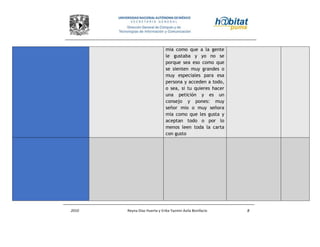 2010 Reyna Díaz Huerta y Erika Yazmin Avila Bonifacio 8
mia como que a la gente
le gustaba y yo no se
porque sea eso como que
se sienten muy grandes o
muy especiales para esa
persona y acceden a todo,
o sea, si tu quieres hacer
una petición y es un
consejo y pones: muy
señor mio o muy señora
mia como que les gusta y
aceptan todo o por lo
menos leen toda la carta
con gusto
 