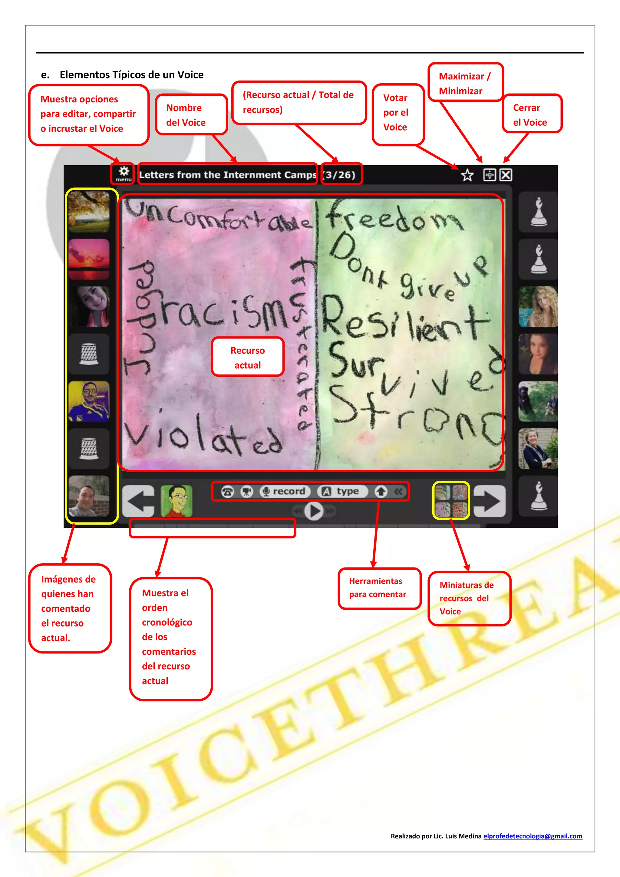 Realizado por Lic. Luis Medina elprofedetecnologia@gmail.com
e. Elementos Típicos de un Voice
Muestra opciones
para editar, compartir
o incrustar el Voice
Nombre
del Voice
(Recurso actual / Total de
recursos)
Votar
por el
Voice
Maximizar /
Minimizar
Cerrar
el Voice
Imágenes de
quienes han
comentado
el recurso
actual.
Recurso
actual
Muestra el
orden
cronológico
de los
comentarios
del recurso
actual
Miniaturas de
recursos del
Voice
Herramientas
para comentar
 