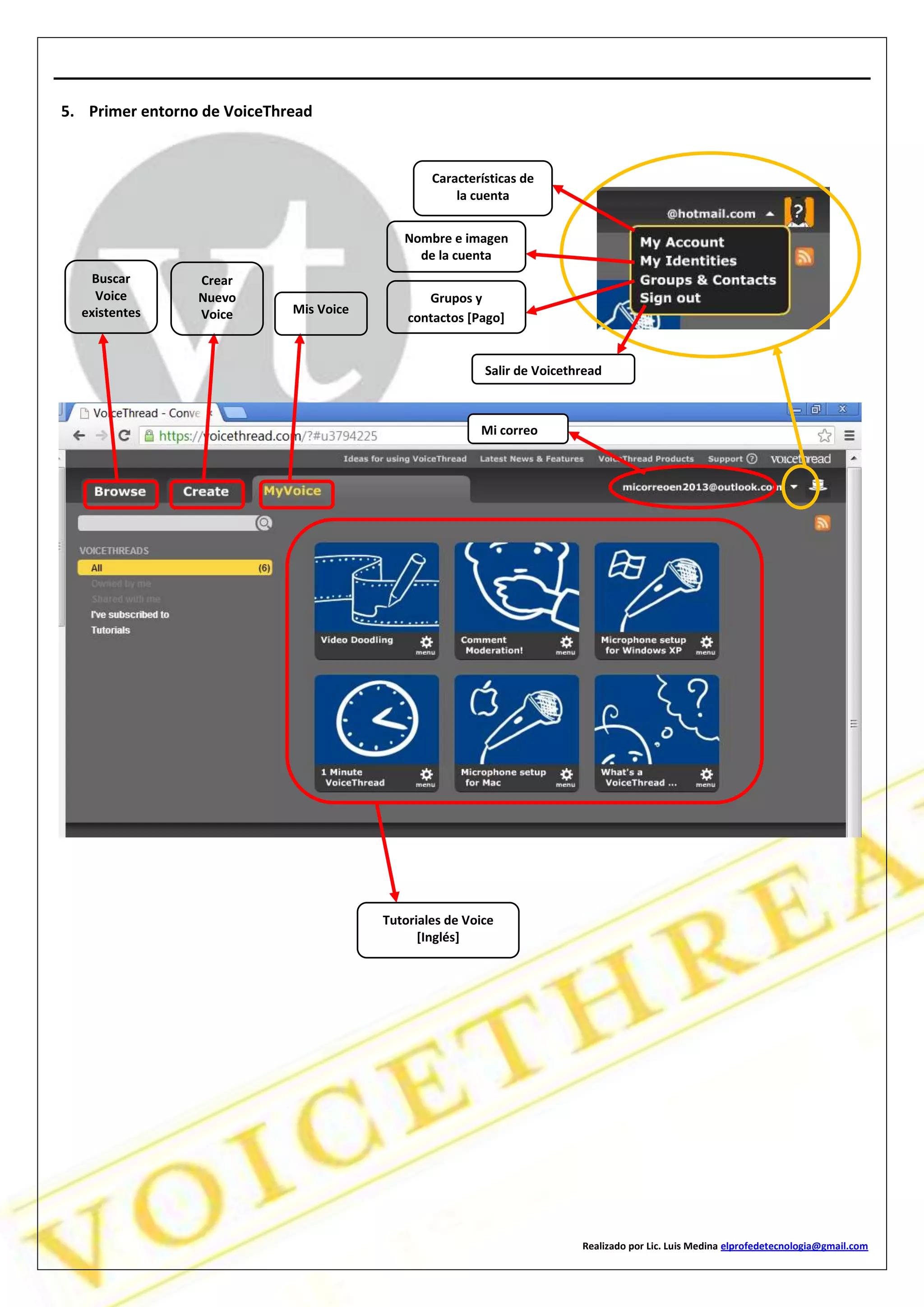 Realizado por Lic. Luis Medina elprofedetecnologia@gmail.com
5. Primer entorno de VoiceThread
Características de
la cuenta
Nombre e imagen
de la cuenta
Grupos y
contactos [Pago]
Salir de Voicethread
Buscar
Voice
existentes
Crear
Nuevo
Voice Mis Voice
Mi correo
Tutoriales de Voice
[Inglés]
 