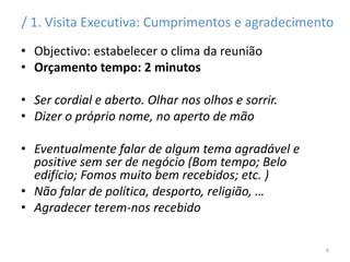 / 1. Visita Executiva: Cumprimentos e agradecimento
• Objectivo: estabelecer o clima da reunião
• Orçamento tempo: 2 minutos
• Ser cordial e aberto. Olhar nos olhos e sorrir.
• Dizer o próprio nome, no aperto de mão
• Eventualmente falar de algum tema agradável e
positive sem ser de negócio (Bom tempo; Belo
edifício; Fomos muito bem recebidos; etc. )
• Não falar de política, desporto, religião, …
• Agradecer terem-nos recebido
6
 