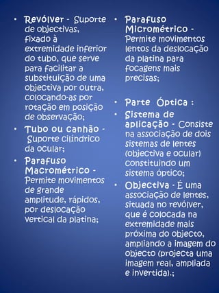 Revólver  -  Suporte de objectivas, fixado à extremidade inferior do tubo, que serve para facilitar a substituição de uma objectiva por outra, colocando-as por rotação em posição de observação; Tubo ou canhão  -  Suporte cilíndrico da ocular; Parafuso Macrométrico -  Permite movimentos de grande amplitude, rápidos, por deslocação vertical da platina; Parafuso Micrométrico -  Permite movimentos lentos da deslocação da platina para focagens mais precisas; Parte  Óptica : Sistema de aplicação -  Consiste na associação de dois sistemas de lentes (objectiva e ocular) constituindo um sistema óptico; Objectiva  - É uma associação de lentes, situada no revólver, que é colocada na extremidade mais próxima do objecto, ampliando a imagem do objecto (projecta uma imagem real, ampliada e invertida).; 