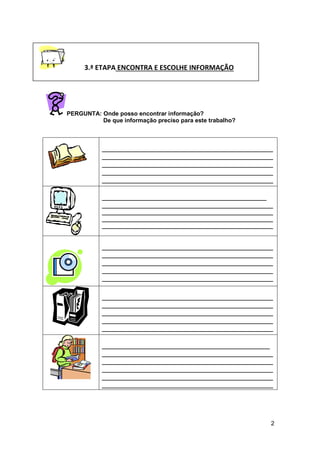 2
PERGUNTA: Onde posso encontrar informação?
De que informação preciso para este trabalho?
____________________________________________________
____________________________________________________
____________________________________________________
____________________________________________________
____________________________________________________
__________________________________________________
____________________________________________________
____________________________________________________
____________________________________________________
____________________________________________________
____________________________________________________
____________________________________________________
____________________________________________________
____________________________________________________
____________________________________________________
____________________________________________________
____________________________________________________
____________________________________________________
____________________________________________________
____________________________________________________
___________________________________________________
____________________________________________________
____________________________________________________
____________________________________________________
____________________________________________________
____________________________________________________
3.ª ETAPA ENCONTRA E ESCOLHE INFORMAÇÃO
 