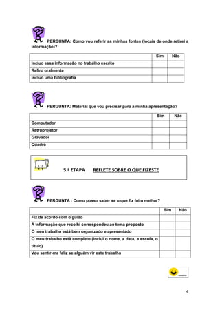 4
PERGUNTA: Como vou referir as minhas fontes (locais de onde retirei a
informação)?
Sim Não
Incluo essa informação no trabalho escrito
Refiro oralmente
Incluo uma bibliografia
PERGUNTA: Material que vou precisar para a minha apresentação?
Sim Não
Computador
Retroprojetor
Gravador
Quadro
PERGUNTA : Como posso saber se o que fiz foi o melhor?
Sim Não
Fiz de acordo com o guião
A informação que recolhi correspondeu ao tema proposto
O meu trabalho está bem organizado e apresentado
O meu trabalho está completo (inclui o nome, a data, a escola, o
título)
Vou sentir-me feliz se alguém vir este trabalho
PARABÉNS!
5.ª ETAPA REFLETE SOBRE O QUE FIZESTE
 