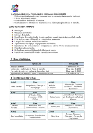 III. UTILIZAÇÃO DAS NOVAS TECNOLOGIAS DE INFORMAÇÃO E COMUNICAÇÃO
      1. Utiliza o correio electrónico para comunicar com os elementos da turma e/ou professor;
      2. Efectua pesquisas na Internet;
      3. Utiliza recursos disponíveis na Internet;
      4. Utiliza aplicativos informáticos diversificados na elaboração/apresentação do trabalho.

GUIÃO DO PLANO DE TRABALHO
        Introdução
        Objectivos do trabalho
        Estrutura do trabalho
        Identificação do produto final e formato escolhido para divulgação à comunidade escolar
        Relação de recursos bibliográficos e electrónicos necessários
        Listagem dos recursos materiais necessários
        Agendamento dos espaços e equipamentos necessários
        Identificação dos conhecimentos e competências a utilizar obtidos em anos anteriores
        Calendarização das tarefas
        Definição de responsabilidades individuais e de prazos
        Previsão de eventuais dificuldades e soluções alternativas


  5 Calendarização

                               ACTIVIDADES                                      DATA LIMITE
  Selecção do tema                                                            4 de maio de 2012
  Concepção e elaboração do Plano de trabalho                                18 de maio de 2012
  Execução do projecto e realização do produto final                         29 de maio de 2012
  Apresentação do trabalho à turma e comunidade escolar                      1 de junho de 2012

  6 Atribuição dos temas
  ALUNO                          TEMA                ALUNO                         TEMA
                                                                          A Produção: Estrutura
                       A População: Emprego e        Andreia
  Pedro Valente                                                           Sectorial e Crescimento
                            desemprego               Carvalho
                                                                                Económico

  ALUNO                         TEMA                 ALUNO                         TEMA
                           O Estado: Défice                              Justiça Social: Repartição
  -                       Orçamental e Dívida          Rafaela Santos    do Rendimento e Poder de
                               Pública                                            Compra

  ALUNO                         TEMA                 ALUNO                         TEMA
  Cristiana                O Exterior: Bens                                A Despesa: Consumo e
                                                       Catarina Graça
  Macedo               Transacionáveis e Turismo                               Investimento

  ALUNO                          TEMA                ALUNO                         TEMA
                                                                            Recursos Humanos:
                       As empresas: investimento e
  Sara Murinheira           competitividade
                                                         Fábio Silva       Educação e Formação
                                                                               Profissional
 