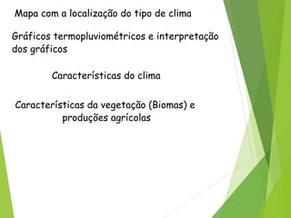 Mapa com a localização do tipo de clima
Gráficos termopluviométricos e interpretação
dos gráficos
Características da vegetação (Biomas) e
produções agrícolas
Características do clima
 
