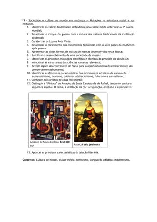 I3 - Sociedade e cultura no mundo em mudança — Mutações na estrutura social e nos
costumes.
    1. Identificar os valores tradicionais defendidos pela classe média anteriores à 1ª Guerra
        Mundial;
    2. Relacionar o choque da guerra com a rutura dos valores tradicionais da civilização
        ocidental;
    3. Caraterizar os Loucos Anos Vinte;
    4. Relacionar o crescimento dos movimentos feministas com o novo papel da mulher no
        após guerra.
    5. Apresentar as várias formas de cultura de massas desenvolvidas nesta época;
    6. Justificar o desenvolvimento de uma sociedade de massas;
    7. Identificar as principais inovações científicas e técnicas do princípio do século XX;
    8. Mencionar as várias áreas das ciências humanas relevante;
    9. Referir alguns dos contributos de Freud para o aprofundamento do conhecimento dos
        comportamentos humanos;
    10. Identificar as diferentes características dos movimentos artísticos de vanguarda:
        expressionismo, fauvismo, cubismo, abstracionismo, futurismo e surrealismo;
    11. Conhecer dois artistas de cada movimento;
    12. Distinguir a “Pintura” de Amadeu de Sousa Cardoso da de Rafael, tendo em conta os
        seguintes aspetos: O tema, a utilização da cor, a figuração, o volume e a perspetiva;




      Amadeo de Sousa Cardoso, Brut 300
      TSF                                  Rafael, A bela jardineira


   13. Apontar as principais características da criação literária.

Conceitos: Cultura de massas, classe média, feminismo, vanguarda artística, modernismo.
 