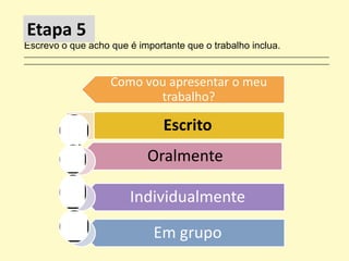 Etapa 5
 Etapa 5
Escrevo o que acho que é importante que o trabalho inclua.
_______________________________________________________________________________________________
_______________________________________________________________________________________________


                          Como vou apresentar o meu
                                 trabalho?

                                           Escrito
                                      Oralmente

                                Individualmente

                                        Em grupo
 