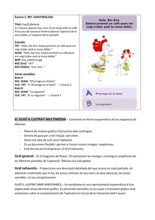 Escena 1. INT. CAFETERIA.DIA

Títol: Eva/Cafeteria
En l’escena apareix Eva, vora d’una taula amb un cafè.
Posa cara de sorpresa mentre observa l’aparició de la
seva doble, a l’esquerra de la pantalla.

Entrada
TXT: “Hola, Sóc Eva. Estava prenent un cafè quan em
vaig trobar amb la meva doble.”
WAW: “Hola, Sóc Eva. Estava prenent un cafè quan
em vaig trobar amb la meva doble.”
BMP: eva_cafeteria.jpg
BOC (Eva): “oh!”
BOC (doble): “larà, larà...”

Zones sensibles
Botó A
ROL: WAW: “M’amago en el bany”
CLIC: TXT: “A: M’amago en el bany”     Escena 2
Botó B
ROL: WAW: “La segueixo”
CLIC: TXT: “B: La segueixo”   Escena 3




EL GUIÓ IL·LUSTRAT MULTIMÈDIA – Consisteix en forma esquemàtica d’una seqüència de
dibuixos.

    -   Plasma de manera gràfica l’estructura dels continguts
    -   Serveix de guia per a tot l’equip i pel client.
    -   Dóna una idea de com serà l’aplicació
    -   És un document flexible i permet a l’autor moure imatges i seqüències.
    -   Està format pel Graf general i el Graf exhaustiu

Graf general – És el diagrama de fluxos. S’hi presenten les imatges i continguts simplificats de
les diferents pantalles de l’aplicació. Ofereix una visió global

Graf exhaustiu – Proporciona una descripció detallada del que ocorre en cada pantalla, els
elements multimèdia que hi ha, els arxius utilitzats (el seu nom i la seva ubicació), les zones
sensibles i el seu comportament.

GUIÓ IL·LUSTRAT AMB WIREFRAMES – Un wireframe és una representació esquemàtica d’una
pàgina web sense elements gràfics. Es presenten pantalles en les quals s’insereixen globus amb
anotacions sobre el comportament de l’aplicació en funció de la interacció amb l’usuari.
 