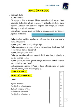 Los sueños de Pippa


                         APAGÓN + FOCO
1. Escena1: Dalí.
    d. Desarrollo:
    Se apaga la luz y aparece Pippa tumbada en el suelo, como
    dormida, todos los relojes corriendo y gritando alrededor suya,
    aparece Gala con aires cansados y aparta a los relojes, se acerca a
    Pippa y la ayuda a levantarse.
   Los relojes van corriendo por toda la escena, como nerviosos y
   jugando entre ellos                     5 SONIDO tic tac


  Gala: ¿tú has venido a ayudarme, no? (mientras la arrastra de la
  mano x la escena)
  Pippa: ¿yo? Yo no sé ni que hago aquí.
  Gala: necesito que alguien calme a estos relojes, desde que Dalí
  se fue no han parado de correr!
  Pippa: pero ¿tu quien eres?
  Gala: yo soy Gala, el gran amor de Dalí, todo lo q el pintaba lo
  hacía pensando en mi.
  Pippa: quizás, se haces que los relojes recuerden a Dalí, vuelvan
  a ser blanditos, ¿no crees?
  Gala comienza a cantar y Pippa se lleva a los relojes a un ladito
  (Hay un par de pasos de coreografía).
  LASER + FOCO                                                       C
  6 CANCIÓN: MECANO                                                  O

  Gala:                                                              R

                                                                     E
  Bigote rocococo
                                                                     O
  De dónde acaba el genio
  A dónde empieza el loco                                            G

  Mirada deslumbrada                                                 R
  De dónde acaba el loco                                             A

                                                                     F
                                                                          3
                                                                     Í

                                                                     A
 