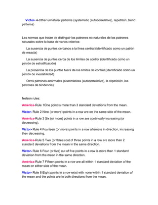 Victor- 4-Other unnatural patterns (systematic (autocorrelative), repetition, trend
patterns)



Las normas que tratan de distinguir los patrones no naturales de los patrones
naturales sobre la base de varios criterios:

   La ausencia de puntos cercanos a la línea central (identificado como un patrón
de mezcla)

   La ausencia de puntos cerca de los límites de control (identificado como un
patrón de estratificación)

   La presencia de los puntos fuera de los límites de control (identificado como un
patrón de inestabilidad)

   Otros patrones anormales (sistemáticas (autocorrelative), la repetición, los
patrones de tendencia)



Nelson rules:

América-Rule 1One point is more than 3 standard deviations from the mean.

Victor- Rule 2 Nine (or more) points in a row are on the same side of the mean.

América-Rule 3 Six (or more) points in a row are continually increasing (or
decreasing).

Victor- Rule 4 Fourteen (or more) points in a row alternate in direction, increasing
then decreasing.

América-Rule 5 Two (or three) out of three points in a row are more than 2
standard deviations from the mean in the same direction.

Victor- Rule 6 Four (or five) out of five points in a row is more than 1 standard
deviation from the mean in the same direction.

América-Rule 7 Fifteen points in a row are all within 1 standard deviation of the
mean on either side of the mean.

Victor- Rule 8 Eight points in a row exist with none within 1 standard deviation of
the mean and the points are in both directions from the mean.
 