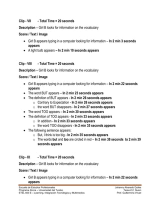 Escuela de Estudios Profesionales Johanny Alvarado Quiles
Programa Ahora – Universidad del Turabo Tarea # 2: Guion
ETEL 600 E – Learning, Integración Tecnológica y Multimedios Prof. Guillermina Viruet
Clip - VII - Total Time = 20 seconds
Description – Girl B looks for information on the vocabulary
Scene / Text / Image
 Girl B appears typing in a computer looking for information – In 2 min 3 seconds
appears
 A light bulb appears – In 2 min 10 seconds appears
Clip - VIII - Total Time = 20 seconds
Description – Girl B looks for information on the vocabulary
Scene / Text / Image
 Girl B appears typing in a computer looking for information – In 2 min 22 seconds
appears
 The word BUT appears – In 2 min 23 seconds appears
 The definition of BUT appears - In 2 min 26 seconds appears
o Contrary to Expectation - In 2 min 26 seconds appears
o the word BUT disappears - In 2 min 27 seconds appears
 The word TOO appears – In 2 min 30 seconds appears
 The definition of TOO appears - In 2 min 33 seconds appears
o In addition - In 2 min 33 seconds appears
o the word TOO disappears - In 2 min 35 seconds appears
 The following sentence appears:
o But, I think is too big - In 2 min 35 seconds appears
o The words but and too are circled in red – In 2 min 38 seconds to 2 min 39
seconds appears
Clip - IX - Total Time = 20 seconds
Description – Girl B looks for information on the vocabulary
Scene / Text / Image
 Girl B appears typing in a computer looking for information – In 2 min 22 seconds
appears
 