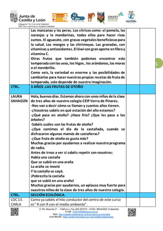 Delegación Ter r itorialde Valladolid
CEIP Tier r a de Pinar es. Mojados Valladolid
C/ Pío Basanta 21 - Teléfono y Fax 983 607919 - 47250 MOJADOS (Valladolid)
E-mail: 47001559@educa.jcyl.es
Web: http://ceiptierradepinares.centros.educa.jcyl.es/sitio/
Aula Moodle: https://aulavirtual.educa.jcyl.es/ceiptierradepinares/
6
Las manzanas y las peras. Los cítricos como: el pomelo, las
naranjas y la mandarinas, todos ellos para hacer ricos
zumos. El aguacate, con grasas vegetales beneficiosaspara
la salud. Los mangos y las chirimoyas. Las granadas, con
vitaminas y antioxidantes. El kiwi congranaporte enfibray
vitamina C.
Otras frutas que también podemos encontrar esta
temporadasonlas uvas, los higos, los arándanos, las moras
o el membrillo.
Como veis, la variedad es enorme y las posibilidades de
cambiarlas para hacer nuestras propias recetas de fruta de
temporada, solo depende de nuestra imaginación.
CTRL. 3 AÑOS .LAS FRUTAS DE OTOÑO
LAURA
SAHAGÚN
Hola, buenosdías. Estamos ahoracon unos niños dela clase
de tres años de nuestro colegio CEIP tierra de Pinares.
-Nos van a decir cómo se llaman y cuantos años tienen.
-¿Vosotros sabéis en qué estación del año estamos?
-¿Qué pasa en otoño? ¿Hace frío? ¿Que les pasa a los
árboles?
-Sabéis cuáles son las frutas de otoño?
-¿Que comimos el día de la castañada, cuando se
disfrazaron algunas mamás de castañeras?
-¿Que fruta de otoño os gusta más?
Muchas gracias por ayudarnos a realizar nuestroprograma
de radio.
Antes de irnos a ver si sabéis repetir con nosotros:
Había una castaña
Que se subió en una araña
La araña se movió
Y la castaña se cayó.
¡Pobrecita la castaña
que se subió en una araña!
Muchas gracias por ayudarnos, un aplauso muy fuerte para
nuestros niños de la clase de tres años de nuestro colegio.
CTRL. SECCIÓN ECOLÓGICA.
LOC 13.
CARLA
Como ya sabéis el hilo conductor del centro de este curso
es” R con R con el medio ambiente”.
 