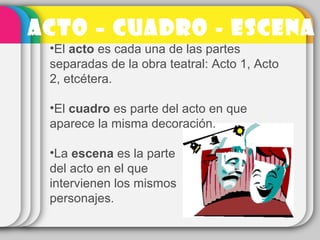 ACTO – CUADRO - ESCENA
•El acto es cada una de las partes
separadas de la obra teatral: Acto 1, Acto
2, etcétera.
•El cuadro es parte del acto en que
aparece la misma decoración.
•La escena es la parte
del acto en el que
intervienen los mismos
personajes.
 
