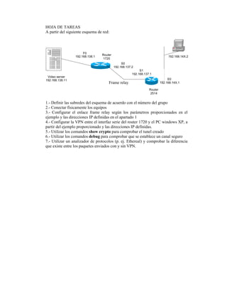 HOJA DE TAREAS
A partir del siguiente esquema de red:
F0
192.168.138.1 192.168.14X.2
Router
1720
S0
192.168.137.2
Router
2514
Video server
192.168.138.11
S1
192.168.137.1
E0
192.168.14X.1Frame relay
1.- Definir las subredes del esquema de acuerdo con el número del grupo
2.- Conectar físicamente los equipos
3.- Configurar el enlace frame relay según los parámetros proporcionados en el
ejemplo y las direcciones IP definidas en el apartado 1
4.- Configurar la VPN entre el interfaz serie del router 1720 y el PC windows XP, a
partir del ejemplo proporcionado y las direcciones IP definidas.
5.- Utilizar los comandos show crypto para comprobar el tunel creado
6.- Utilizar los comandos debug para comprobar que se establece un canal seguro
7.- Utilizar un analizador de protocolos (p. ej. Ethereal) y comprobar la diferencia
que existe entre los paquetes enviados con y sin VPN.
 