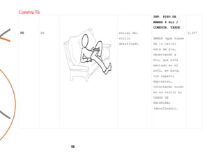 onvive Tú
36
26 PG Sonido del
violin
desafinado.
INT. PISO DE
AMBER Y Gin /
COMEDOR. TARDE
AMBER (que viene
de la calle)
está de pie,
observando a
Gin, que está
sentado en el
sofá, en bata,
con aspecto
depresivo,
intentando tocar
en su violín el
CANON DE
PACHELBEL
(desafinado).
0.35”
 