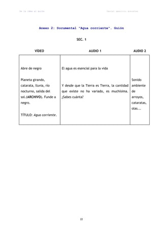 De la idea al guión                                      Daniel aparicio gonzález




              Anexo 2: Documental "Agua corriente". Guión


                                    SEC. 1


           VÍDEO                             AUDIO 1                         AUDIO 2




Abre de negro             El agua es esencial para la vida


Planeta girando,                                                            Sonido
catarata, lluvia, río     Y desde que la Tierra es Tierra, la cantidad      ambiente
nocturno, salida del      que existe no ha variado, es muchísima.           de
sol.(ARCHIVO). Funde a    ¿Sabes cuánta?                                    arroyos,
negro.                                                                      cataratas,
                                                                            olas...
TÍTULO: Agua corriente.




                                      22
 