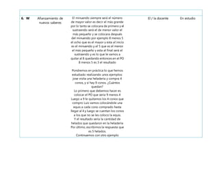 6. W Afianzamiento de
nuevos saberes
El minuendo siempre será el número
de mayor valor es decir el más grande
por lo tanto se colocara de primero y el
sustraendo será el de menor valor el
más pequeño y se colocara después
del minuendo por ejemplo 8 menos 5
el ocho que es el mayor y esta al inicio
es el minuendo y el 5 que es el menor
el más pequeño y esta al final será el
sustraendo y es lo que le vamos a
quitar al 8 quedando entonces en el PO
8 menos 5 es 3 el resultado
Pondremos en práctica lo que hemos
estudiado realizando unos ejemplos:
jose visita una heladería y compra 4
conos, y si hay 9 conos. ¿Cuántos
quedan?
Lo primero que debemos hacer es
colocar el PO que seria 9 menos 4
Luego a 9 le quitamos los 4 conos que
compro Luis vamos colocándole una
equis a cada cono comprado hasta
llegar al 4 y luego se cuentan los conos
a los que no se les coloco la equis.
Y el resultado sería la cantidad de
helados que quedaron en la heladería
Por último, escribimos la respuesta que
es 5 helados.
Continuemos con otro ejemplo
El / la docente En estudio
 