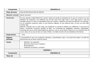 Componente DESARROLLO
Título del tema EVALUACIÓN EDUCATIVA EN MÉXICO
Ubicación curricular Quinto semestre
Introducción En esta segunda unidad definiremos nuestro objeto de estudio la evaluación por lo que se comienza con una
definición de evaluación. Una definición que ha sido vista como algo malo o como algo bueno y esto ha
sucedido porque no hemos contemplado todos los criterios, objetivos que tiene la evaluación. Por ejemplo:
con la evaluación podemos saber en qué estamos fallando, en que estamos bien, en que nos hace falta
cambiar algo.
Además, entender que no sólo existe una evaluación en donde se obtiene una calificación o promover de
grado ( evaluación sumativa) también se debe de contemplar las habilidades, actitudes, capacidades,
competencias que se están desarrollando los alumnos, que no se da hasta el final si no se va durante todo el
curso, clase, etc ya que se hace un mayor énfasis en el lado humano de los estudiantes (formativa).
Carga horaria 3 hrs
Objetivo
particular
Comprenderá lo que es la evaluación educativa, características, tipos y de esta forma dejar a un lado las
prenociones que se tienen sobre la misma.
Temas - Definición de evaluación.
- Elementos del proceso evaluativo.
- Metaevaluación
- Evaluación formativa y sumativa
SUBTEMA 1
Componente DESARROLLO
Título del c
 