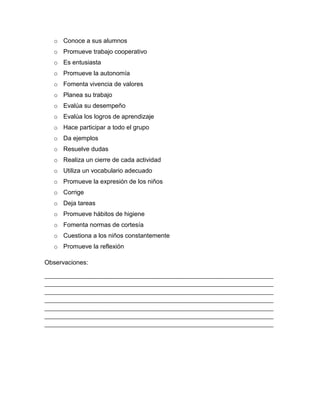 o Conoce a sus alumnos
o Promueve trabajo cooperativo
o Es entusiasta
o Promueve la autonomía
o Fomenta vivencia de valores
o Planea su trabajo
o Evalúa su desempeño
o Evalúa los logros de aprendizaje
o Hace participar a todo el grupo
o Da ejemplos
o Resuelve dudas
o Realiza un cierre de cada actividad
o Utiliza un vocabulario adecuado
o Promueve la expresión de los niños
o Corrige
o Deja tareas
o Promueve hábitos de higiene
o Fomenta normas de cortesía
o Cuestiona a los niños constantemente
o Promueve la reflexión
Observaciones:
________________________________________________________________________________
________________________________________________________________________________
________________________________________________________________________________
________________________________________________________________________________
________________________________________________________________________________
________________________________________________________________________________
________________________________________________________________________________
 