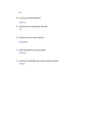 No
 ¿Conoce los días festivos?
Algunos
 ¿Reconoce las estaciones del año?
No
 ¿Cómo es la voz del maestro?
Agradable
 ¿Qué te gustaría ser de grande?
Maestra
 ¿Cuál es la actividad que más te gusta realizar?
Dibujar
 