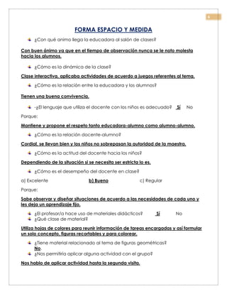 6
FORMA ESPACIO Y MEDIDA
¿Con qué animo llega la educadora al salón de clases?
Con buen ánimo ya que en el tiempo de observación nunca se le noto molesta
hacia los alumnos.
¿Cómo es la dinámica de la clase?
Clase interactiva, aplicaba actividades de acuerdo a juegos referentes al tema.
¿Cómo es la relación entre la educadora y los alumnos?
Tienen una buena convivencia.
-¿El lenguaje que utiliza el docente con los niños es adecuado? Sí No
Porque:
Mantiene y propone el respeto tanto educadora-alumno como alumno-alumno.
¿Cómo es la relación docente-alumno?
Cordial, se llevan bien y los niños no sobrepasan la autoridad de la maestra.
¿Cómo es la actitud del docente hacia los niños?
Dependiendo de la situación si se necesita ser estricta lo es.
¿Cómo es el desempeño del docente en clase?
a) Excelente b) Bueno c) Regular
Porque:
Sabe observar y diseñar situaciones de acuerdo a las necesidades de cada uno y
les deja un aprendizaje fijo.
¿El profesor/a hace uso de materiales didácticos? Sí No
¿Qué clase de material?
Utiliza hojas de colores para reunir información de tareas encargadas y así formular
un solo concepto, figuras recortables y para colorear.
¿Tiene material relacionado al tema de figuras geométricas?
No.
¿Nos permitiría aplicar alguna actividad con el grupo?
Nos hablo de aplicar actividad hasta la segunda visita.
 