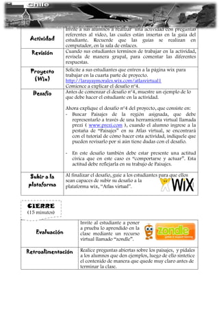 Actividad
Invite a sus alumnos a realizar una actividad con preguntas
referentes al video, las cuales están insertas en la guía del
estudiante. Recuerde que las guías se realizan en
computador, en la sala de enlaces.
Revisión Cuando sus estudiantes terminen de trabajar en la actividad,
revísela de manera grupal, para comentar las diferentes
respuestas.
Proyecto
(Wix)
Solicite a sus estudiantes que entren a la página wix para
trabajar en la cuarta parte de proyecto.
http://larayaymorales.wix.com/atlasvirtual1
Comience a explicar el desafío nº4.
Desafío Antes de comenzar el desafío nº4, muestre un ejemplo de lo
que debe hacer el estudiante en la actividad.
Ahora explique el desafío nº4 del proyecto, que consiste en:
- Buscar Paisajes de la región asignada, que debe
representarlo a través de una herramienta virtual llamada
prezi ( www.prezi.com ), cuando el alumno ingrese a la
pestaña de “Paisajes” en su Atlas virtual, se encontrará
con el tutorial de cómo hacer esta actividad, indíquele que
pueden revisarlo por si aún tiene dudas con el desafío.
- En este desafío también debe estar presente una actitud
cívica que en este caso es “comportarse y actuar”. Esta
actitud debe reflejarla en su trabajo de Paisajes.
Subir a la
plataforma
Al finalizar el desafío, guie a los estudiantes para que ellos
sean capaces de subir su desafío a la
plataforma wix, “Atlas virtual”.
Evaluación
Invite al estudiante a poner
a prueba lo aprendido en la
clase mediante un recurso
virtual llamado “zondle”.
Retroalimentación Realice preguntas abiertas sobre los paisajes, y pídales
a los alumnos que den ejemplos, luego de ello sintetice
el contenido de manera que quede muy claro antes de
terminar la clase.
CIERRE
(15 minutos)
(15 minutos)
 