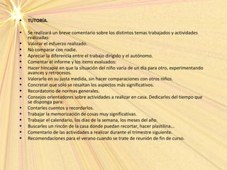 • TUTORÍA.
• Se realizará un breve comentario sobre los distintos temas trabajados y actividades
realizadas:
• Valorar el esfuerzo realizado.
• No comparar con nadie.
• Apreciar la diferencia entre el trabajo dirigido y el autónomo.
• Comentar el informe y los items evaluados:
• Hacer hincapié en que la situación del niño varía de un día para otro, experimentando
avances y retrocesos.
• Valorarlo en su justa medida, sin hacer comparaciones con otros niños.
• Concretar que sólo se resaltan los aspectos más significativos.
• Recordatorio de normas generales.
• Consejos orientadores sobre actividades a realizar en casa. Dedicarles del tiempo que
se disponga para:
• Contarles cuentos y recordarlos.
• Trabajar la memorización de cosas muy significativas.
• Trabajar el calendario, los días de la semana, los meses del año.
• Buscarles un rincón de la casa donde puedan recortar, hacer plastilina...
• Comentario de las actividades a realizar durante el trimestre siguiente.
• Recomendaciones para el verano cuando se trate de reunión de fin de curso.
 