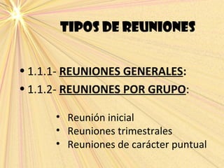 TIPOS DE REUNIONES
• 1.1.1- REUNIONES GENERALES:
• 1.1.2- REUNIONES POR GRUPO:
• Reunión inicial
• Reuniones trimestrales
• Reuniones de carácter puntual
 