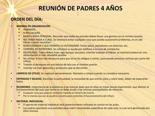 REUNIÓN DE PADRES 4 AÑOS•
•
ORDEN DEL DÍA:
• NORMAS DE ORGANIZACIÓN:
 HORARIOS.
 PUNTUALIDAD
 BABIS Y ROPA PERSONAL. Recordar que todas las prendas deben llevar una gomita con el nombre puesto.
 NO TRAER NADA A CLASE. Se intentará evitar cualquier cosa que pueda ocasionarle problemas, en el cole
tienen cuanto necesitan.
 ROPA CÓMODA Y QUE PERMITA SU AUTONOMÍA. Evitar petos, pantalones con botones, etc.
 CONTROL DE ESFÍNTERES. Se solicitará su ayuda por teléfono a la hora de cambiarlos.
 DESAYUNOS. Todos deben traer algo aunque sea poco, intentar trabajar el hábito, se intentará potenciar una
alimentación lo más saludable posible.
 No utilizar la hora del desayuno para que así se les obligue a comer, pues puede provocar rechazo por parte del
niño/a.
 Traerán el desayuno en una bolsita de tela con el nombre puesto.
 Intentar no traer golosinas y productos que se derramen.
• LIMPIEZA DE ÚTILES: Se realizará semanalmente. Manteles y telajes cuando se considere necesario.
• ENTRADAS Y SALIDAS. Recordar la puntualidad, la necesidad de que entren solos y sobre todo, deben de esperarles
fuera.
• REUNIONES. Importancia de la asistencia a las mismas dado que en ellas se tratan temas importantes que afectan al
funcionamiento del aula, por tanto no se debe acudir a las mismas acompañados de menores.
 Cualquier cosa que quieran comentar hacerlo en horario de tutoría.
 Por lo menos una vez se acudirá a tutoría para comentar el funcionamiento del niño/a
• MATERIAL INDIVIDUAL.
 El aporte de material individual será posteriormente utilizado en común en las aulas.
 Los padres aportarán una cantidad para cubrir necesidades específicas de cada aula, la cual será gestionada por
ellos mismos.
 