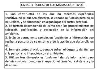 CARACTERÍSTICAS DE LOS MAPAS COGNITIVOS

1. Son constructos de los que no tenemos experiencia
sensitiva, no se pueden observar, se conoce su función pero no su
naturaleza, y se almacenan en algún lugar del córtex cerebral.
2. Se forman dependiendo de cómo sean los procedimientos de
selección, codificación, y evaluación de la información del
ambiente.
3. Están en permanente cambio, en función de la información que
recibe la persona de su entorno y de la acción que desarrolla en
él.
4. Son resistentes al olvido, aunque sufren el desgaste del tiempo
si la persona no interactúa con el ambiente.
5. Utilizan tres dimensiones fundamentales de información para
definir cualquier punto en el espacio: el tamaño, la distancia y la
dirección.
 