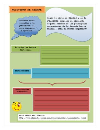 179
SeSeSeguenslo
Recuerda hacer
consultas a tu
profesor, él
está dispuesto
a ayudarte.
ACTIVIDAD DE CIERRE
Según lo visto en Clases y en la
Película complete el siguiente
esquema resumen de los principales
antecedentes de la Segunda Guerra
Mundial. CREA TU PROPIO ESQUEMA!!!
Principales Hechos
Históricos
Para Saber más Visita:
http://www.claseshistoria.com/2guerramundial/antecedentes.html
PROTAGONISTAS
____________________________________________________
____________________________________________________
____________________________________________________
____________________________________________________
____________________________________________________
____________________________________________________
____________________________________________________
______________________________________________________________
______________________________________________________________
______________________________________________________________
__
Consecuencias
Históricas
____________________________________________________________
____________________________________________________________
____________________________________________________________
____________________________________________________________
____________________________________________________________
____________________________________________________________
____________________________________________________________
____________________________________________________________
 