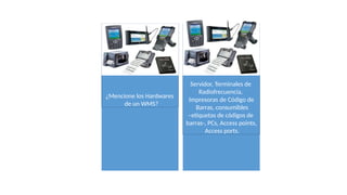 ¿Mencione los Hardwares
de un WMS?
Servidor, Terminales de
Radiofrecuencia,
Impresoras de Código de
Barras, consumibles
–etiquetas de códigos de
barras-, PCs, Access points,
Access ports.
 