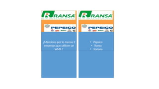 ¿Menciona por lo menos 2
empresas que utilicen un
WMS ?
• Pepsico
• Ransa
• Soriana
 