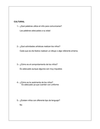 CULTURAL
1.- ¿Qué palabras utiliza el niño para comunicarse?
Las palabras adecuadas a su edad
2.- ¿Qué actividades artísticas realizan los niños?
Cada que es día festivo realizan un dibujo o algo referente al tema.
3.- ¿Cómo es el comportamiento de los niños?
Es adecuado aunque algunos son muy inquietos
4.- ¿Cómo es la vestimenta de los niños?
Es adecuado ya que cuentan con uniforme
5.- ¿Existen niños con diferente tipo de lenguaje?
No
 