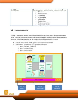 Los ejercicios se realizarán a través de actividades de:
 Relación
 Rompecabezas
 Exploración
 Identificación
 Información
 Asociaciones
 Respuestas escritas
 Juegos de memoria

Actividades

b.2 Diseño comunicativo
Debido a que para el uso del material multimedia interactivo se usará el programa de autor
JClic, el diseño comunicativo viene preestablecido y cada pantallazo está compuesto por la
siguiente estructura básica que se presenta en la siguiente imagen de ejemplo:
1. Zona de la actividad: donde aparece la actividad a desarrollar
2. Zona o barra de menú con los siguientes elementos:
a. Zona de íconos o botones
b. Zona de instrucciones
c. Zona de indicadores

Zona de
íconos

Zona de
instrucciones

Zona de
indicadores

 