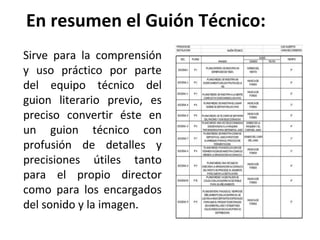 En resumen el Guión Técnico:
Sirve para la comprensión
y uso práctico por parte
del equipo técnico del
guion literario previo, es
preciso convertir éste en
un guion técnico con
profusión de detalles y
precisiones útiles tanto
para el propio director
como para los encargados
del sonido y la imagen.
 