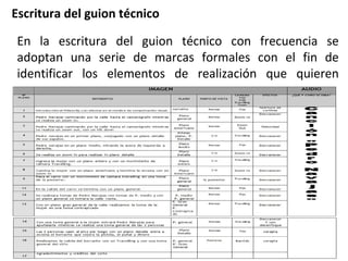 Escritura del guion técnico
En la escritura del guion técnico con frecuencia se
adoptan una serie de marcas formales con el fin de
identificar los elementos de realización que quieren
fijarse.
 