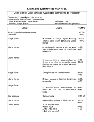 EJEMPLO DE GUIÓN TÉCNICO PARA VIDEO.
Guión técnico: Video temático “Cualidades del maestro de preescolar”
Realización: Evelyn Ñañez, Liliana Henao
Camarógrafo: Evelyn Ñañez, Liliana Henao
Guion: Evelyn Ñañez, Liliana Henao Duración: 1:34
Locución: Evelyn Ñañez Musicalización: Oso gominola
VIDEO AUDIO TIEMPO
Título: “ Cualidades del maestro de
preescolar “
Evelyn Ñañez
Liliana Henao
Liliana Henao
Evelyn Ñañez
Liliana Henao
Evelyn Ñañez
Oso gominola
Liliana Henao
Liliana Henao
Mi nombre es Evelyn Dayana Ñañez y
estamos aquí con mi compañera Liliana
Henao
A continuación vamos a ver un video
acerca de las cualidades del maestro de
preescolar
El maestro tiene la responsabilidad de
ofrecer a los niños un ambiente seguro
divertido en donde se puedan expresar
ellos mismos
Su objetivo es ver a todo niño feliz
Moldea sueños e ilusiones llenándolos
de alegría
El maestro busca herramientas por
medio del baile para su coordinación
física
Oso gominola
Su espacio promueve el conocimiento
¿Qué color es este?
Miguel- Azul
¿Azul? Azul no es
¿Qué color es este?
00:00-
00:06
00:07-
00:10
00:10-
00:15
00:16
-00:26
00:27-
00:30
00:31-
00:36
00:43-
00:48
00:36-52
00:53-
00:56
00:57-
01:07
 