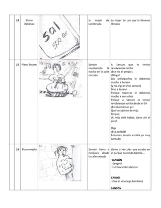 14      Plano      la mujer      de La mujer de Loy que la llevaron
      italianao    Loylibriada      libriada




15 Plano Entero    Sansón              A Sanson que lo tenían
                   revolviendo      la revolviendo natilla
                   natilla en la calle ¡Ese era el propio!.
                   cerrada             ¡Ohiga!
                                       Los antioqueños le debemos
                                       mucho a Sansón
                                       (y no al gran vino sanson)
                                       Sino a Sanson
                                       Porque nosotros le debemos
                                       mucho a ese señor
                                       Porque a Sanson lo tenían
                                       revolviendo natilla desde el 24
                                       ¡Estaba mamao ya!
                                       Que lo cojieron de mijo
                                       Dizque:
                                       ¡A mijo dele haber, clave ahí el
                                       pico!.

                                     Oiga
                                     ¡Esa pailada!
                                     Entonces sansón estaba ya muy
                                     cansado


16   Plano medio   Sansón llama a Llamo a hércules que estaba en
                   Hércules desde el parque haciendo barrita….
                   la calle cerrada
                                    SANSÓN
                                    ¡Eeeyyy!
                                    ¡Hércules hérculessss!


                                     CARLOS
                                     (Que él era ciego también)

                                     SANSÓN
 