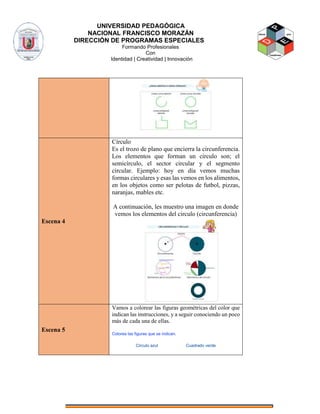 UNIVERSIDAD PEDAGÓGICA
NACIONAL FRANCISCO MORAZÁN
DIRECCIÓN DE PROGRAMAS ESPECIALES
Formando Profesionales
Con
Identidad | Creatividad | Innovación
Escena 4
Círculo
Es el trozo de plano que encierra la circunferencia.
Los elementos que forman un círculo son; el
semicírculo, el sector circular y el segmento
circular. Ejemplo: hoy en día vemos muchas
formas circulares y esas las vemos en los alimentos,
en los objetos como ser pelotas de futbol, pizzas,
naranjas, mables etc.
A continuación, les muestro una imagen en donde
vemos los elementos del circulo (circunferencia)
Escena 5
Vamos a colorear las figuras geométricas del color que
indican las instrucciones, y a seguir conociendo un poco
más de cada una de ellas.
Colorea las figuras que se indican.
Círculo azul Cuadrado verde
 