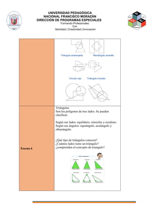UNIVERSIDAD PEDAGÓGICA
NACIONAL FRANCISCO MORAZÁN
DIRECCIÓN DE PROGRAMAS ESPECIALES
Formando Profesionales
Con
Identidad | Creatividad | Innovación
Triángulo anaranjado Rectángulo amarillo
Círculo rojo Triángulo morado
Escena 6
Triángulos
Son los polígonos de tres lados. Se pueden
clasificar:
Según sus lados: equilátero, isósceles y escaleno.
Según sus ángulos: equiángulo, acutángulo y
obtusángulo.
¿Qué tipo de triángulos conocen?
¿Cuántos lados tiene un triángulo?
¿comprenden el concepto de triangulo?
 